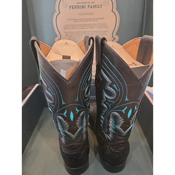 Ferrini mens cowboy Quail Ostrich Exotic Genuine Leather black square toe Boots main image 10